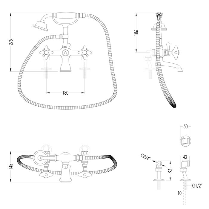 Devon White Rose Смеситель на борт ванны с душевым комплектом: шланг+лейка, цвет: золото