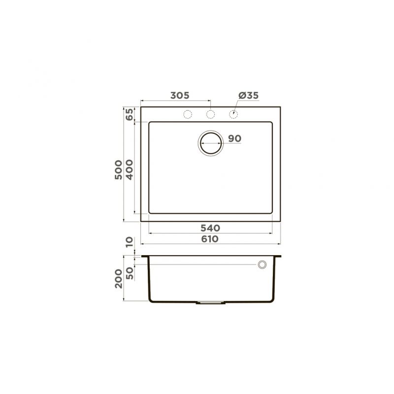 Мойка, OMOIKIRI, Bosen, ширина, мм-610, глубина, мм-500, высота, мм-210, тип установки-встраиваемый, отверстия для смесителя-3 промаркированных, с переливом, сифон и донный клапан в комплекте, автоматический донный клапан приобретается отдельно, материал-