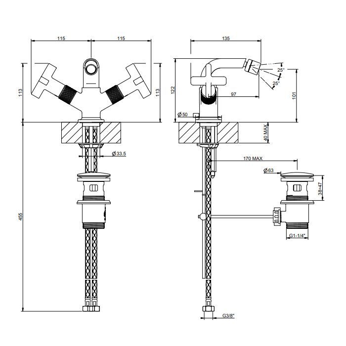 GESSI INCISO Смеситель для биде на 1 отверстие с донным клапаном, излив 97мм, цвет: золото