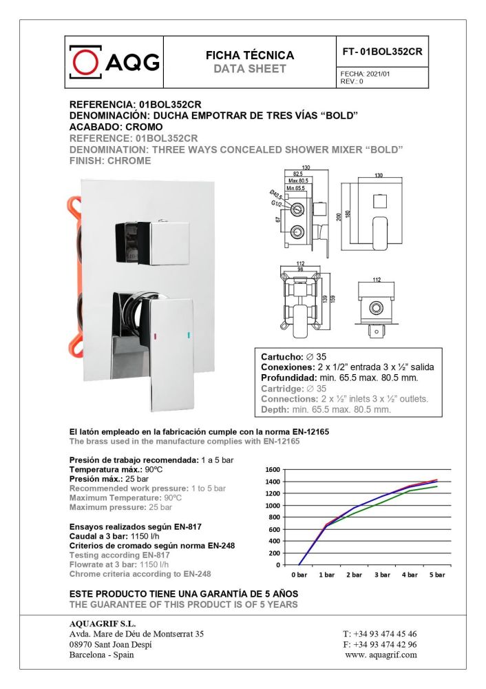 AQG Bold, душевой комплект EC316 на 3 потребителя, с квадратным изливом, с квадратным верхним душем 25х25 см и кронштейном 35 см, цвет хром, артикул 19BOLEC31602
