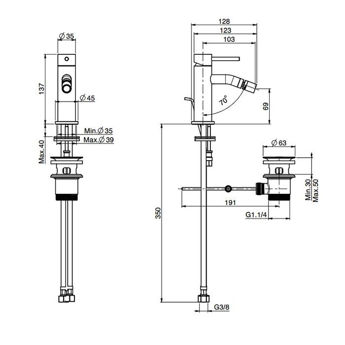 Смеситель для биде, Fima Carlo Frattini, Spillo Up, тип открывания воды-однорычажный, тип регулирования воды-керамический картридж, отверстия для монтажа-1, высота, мм-137, вынос излива, мм-103, донный клапан-есть, тип подводки-гибкая, стандарт подвода во