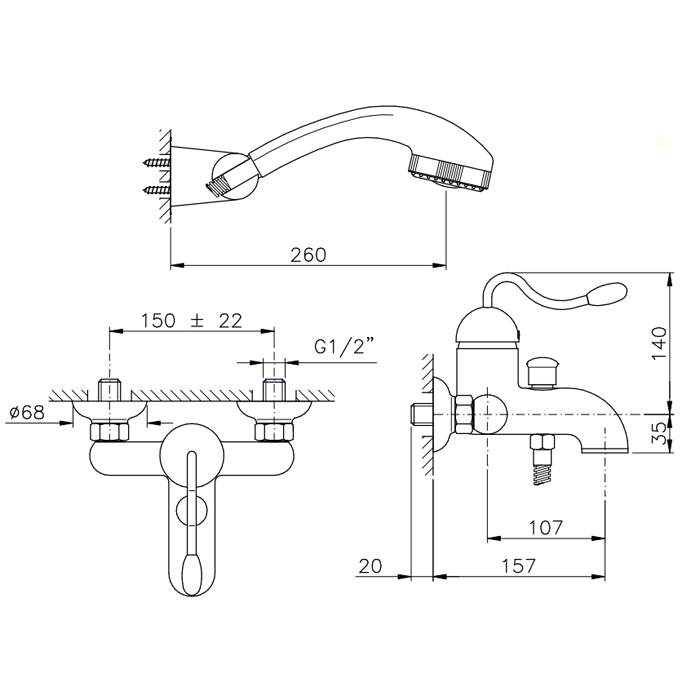 Nicolazzi Signal Смеситель для ванны с душем настенный на 3 отверствия, излив: 157 мм, цвет: хром