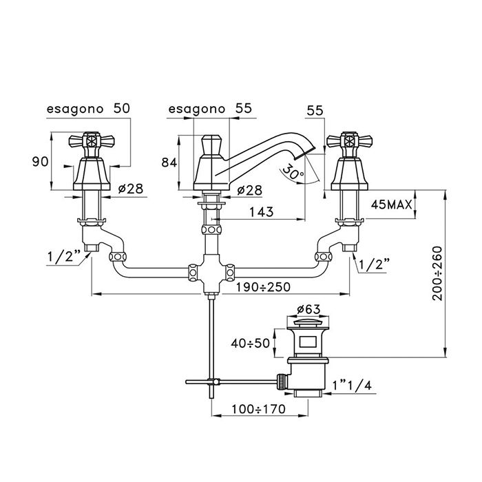 Stella Eccelsa Смеситель для раковины на 3 отверстия 3224P, с донным клапаном, цвет: розовое золото