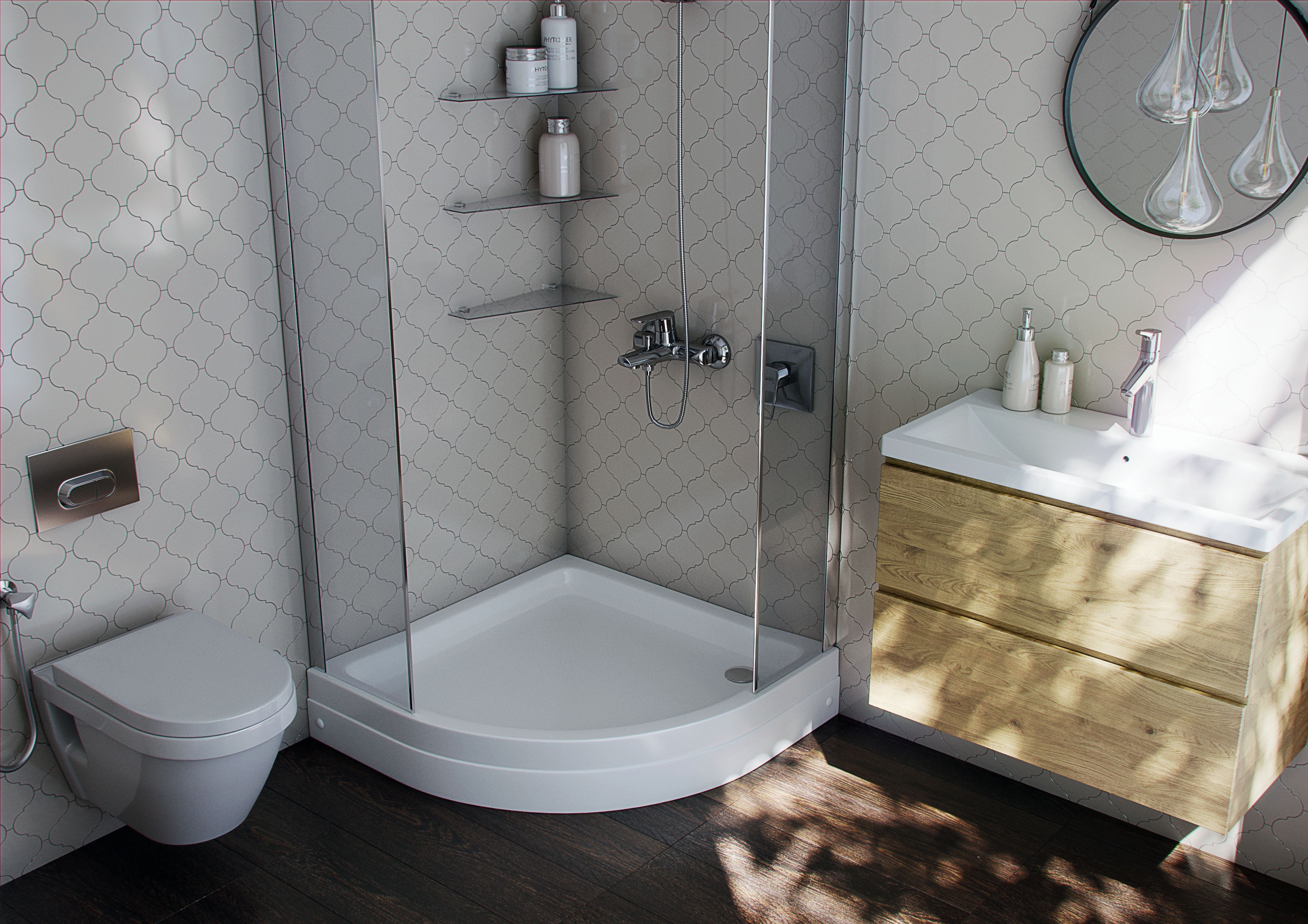 Душевой поддон (с ножками) из литого мрамора 90*90 1/4 круга, гладкое дно, радиус 50см Душевой поддон (с ножками) из литого мрамора 90*90 1/4 круга, гладкое дно, радиус 50см