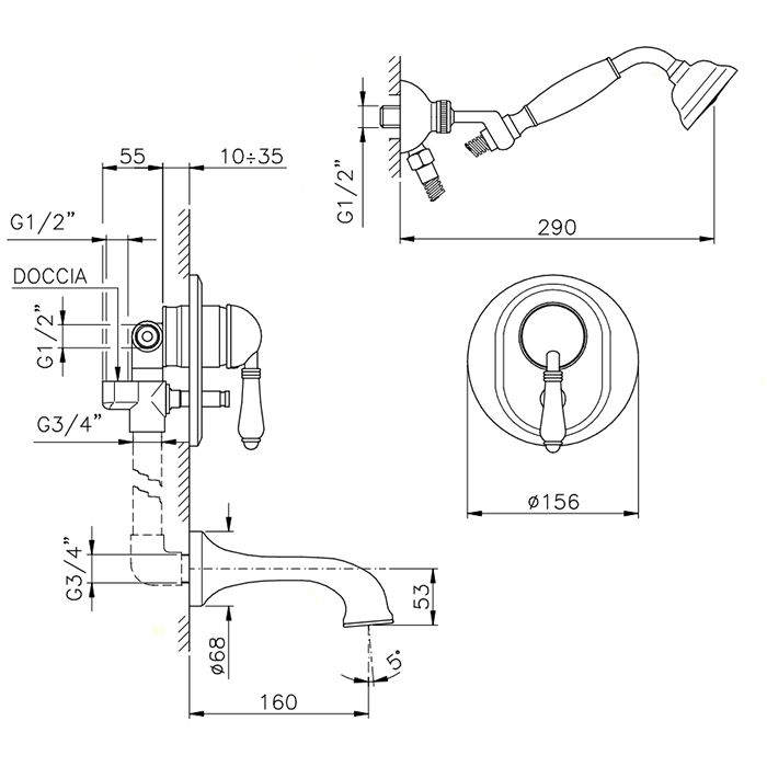 Nicolazzi Cristallo Смеситель для ванны однорычажный, встраиваемый, с изливом 160мм и ручным душем, цвет: хром