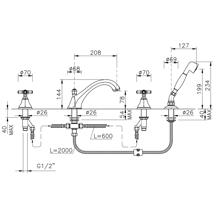 Nicolazzi Teide Foure Смеситель на борт ванны, 4 отв., излив: 223 мм, с ручным душем, цвет: хром