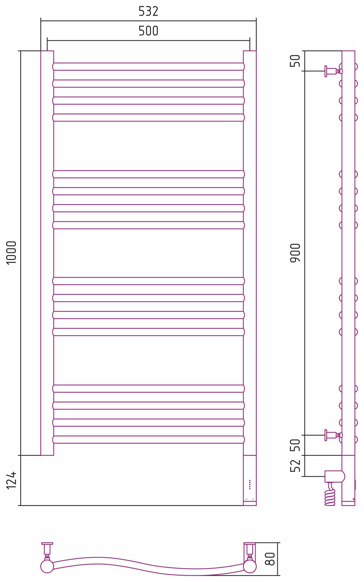 Полотенцесушитель электрический ФЛЮИД 3.0 1000х500 МЭМ правый (Без покрытия)