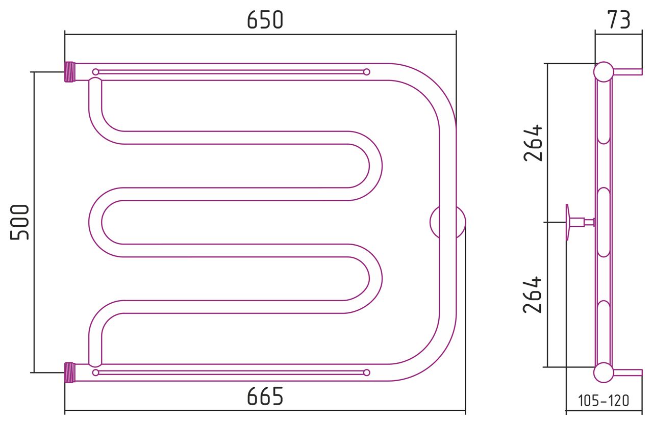 Полотенцесушитель "СТИЛЬЕ" ТАНДЕМ 2П 500х650 резьба-сгон 1" (Без покрытия)