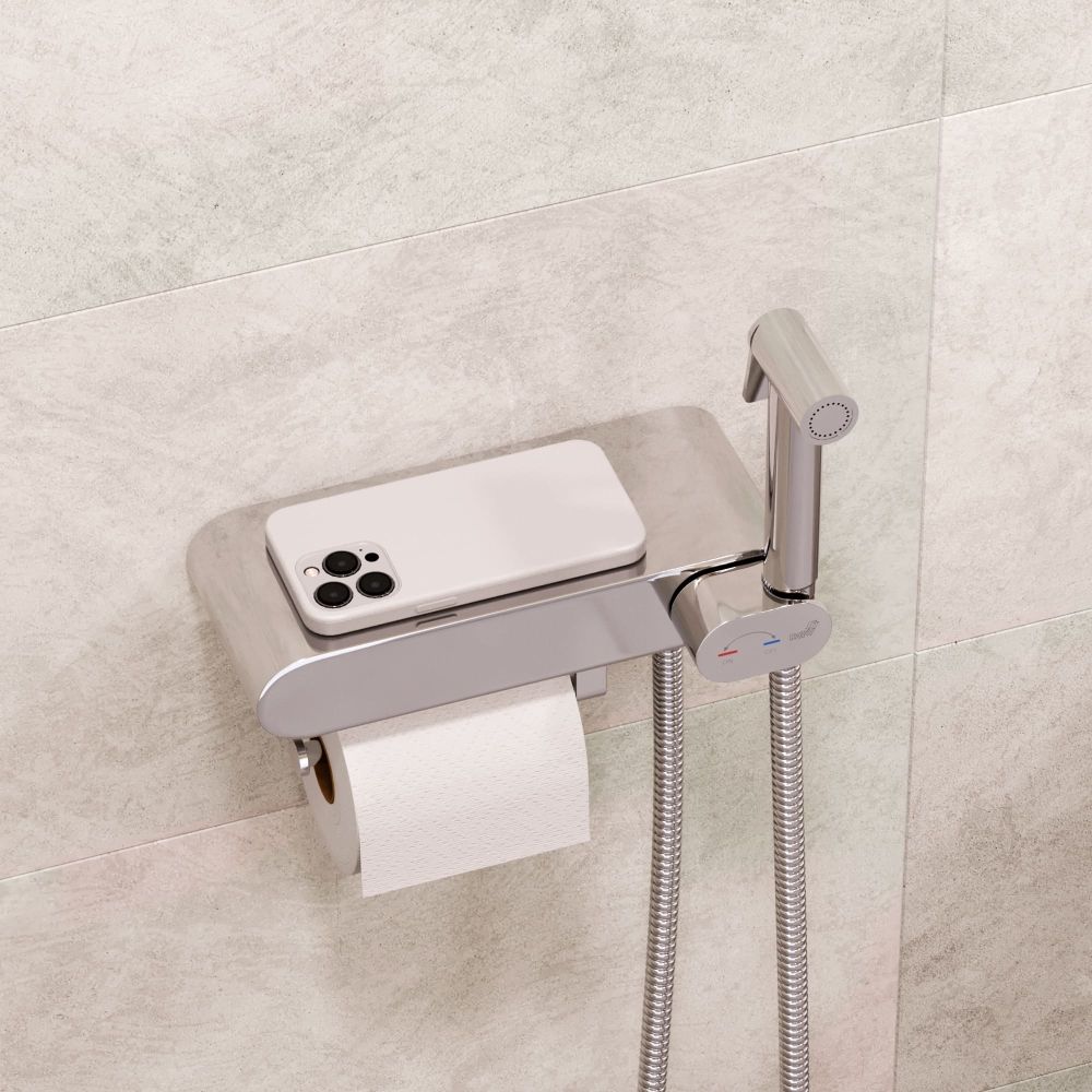 Смеситель с полочкой и держателем туалетной бумаги, с гигиеническим душем - RGW SP-222, хром, артикул 581408222-01