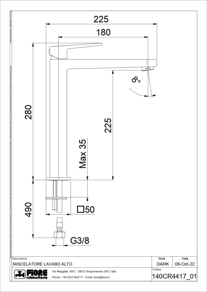 Fiore Dark, высокий однорычажный смеситель для раковины (излив 18 см), без донного клапана, цвет хром, артикул 140CR4417