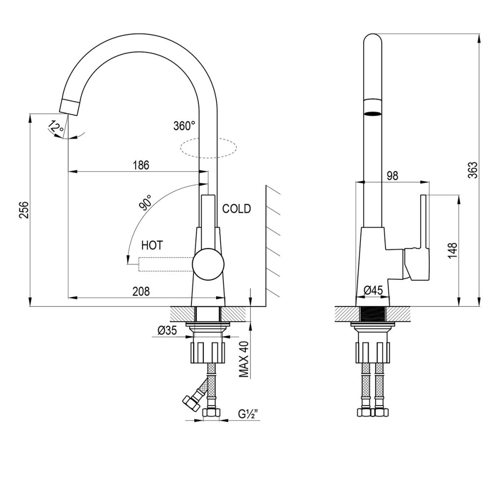 Смеситель Rossinka для кухни с высоким поворотным изливом (Z35-40), артикул Z35-40