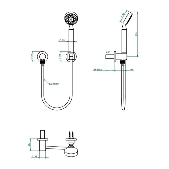 THG MOSSI CRISTAL CLAIR Душевой комплект с ручным душем, шланг 1500 мм., держатель и подвод воды, цвет хром