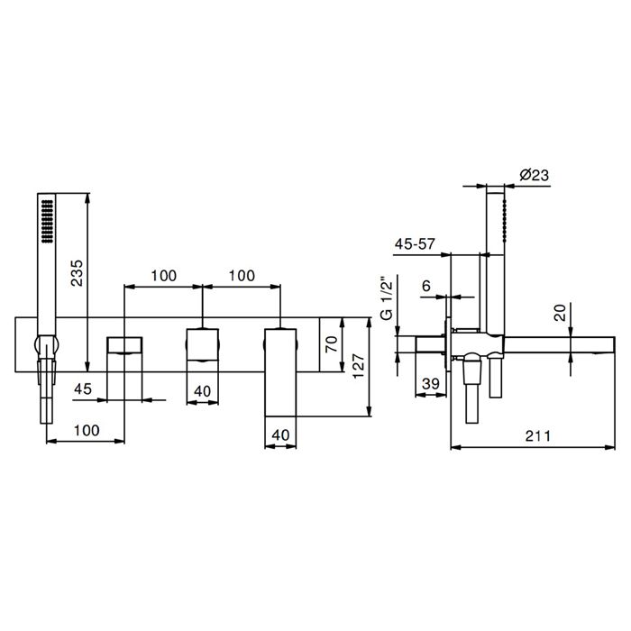 Fantini Mint Смеситель для ванны, встраиваемый, излив 200мм, с ручн.душем, (наружняя часть), цвет: нержавеющая сталь