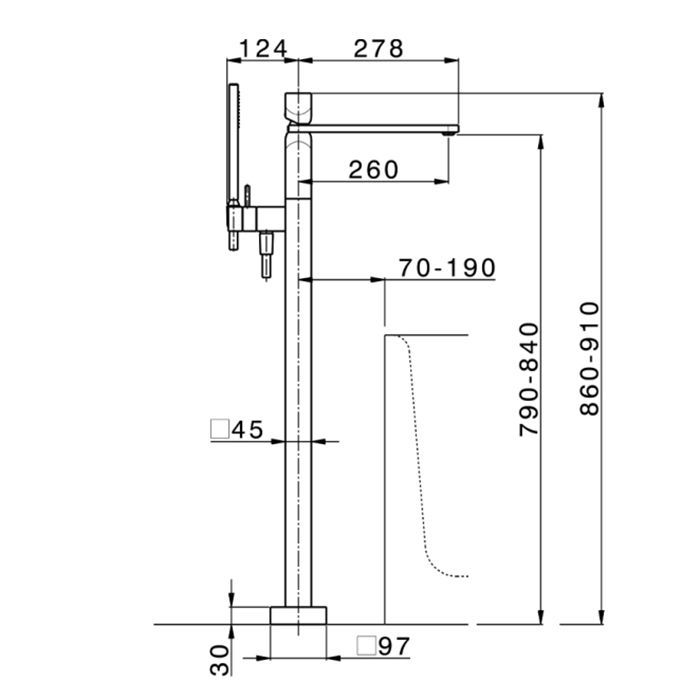 CISAL HI-RISE Смеситель для ванны напольный, однорычажный, с изливом и ручным душем, внешняя часть, цвет хром, артикул RI01420421