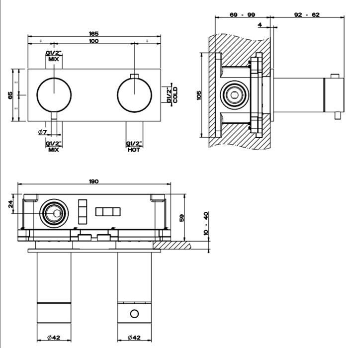 GESSI 316 Термостатический смеситель, с подключением на 3/4”, фильтр, на 2 источника (внешняя часть), цвет: brushed black metal pvd