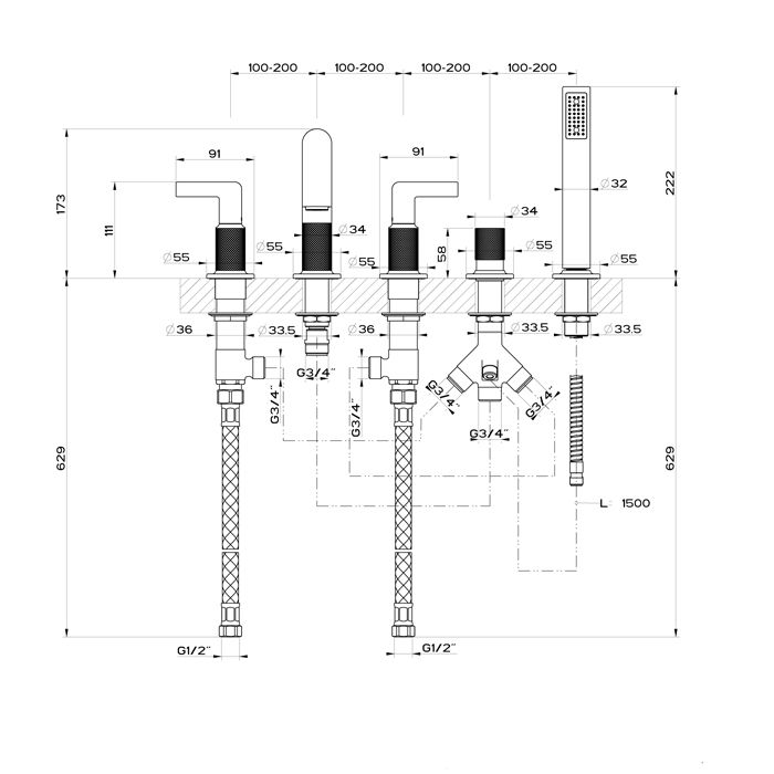 GESSI INCISO Смеситель для ванны на 5 отверстий с изливом, переключателем, ручным душем и шлангом 1,50 м, цвет: Black XL
