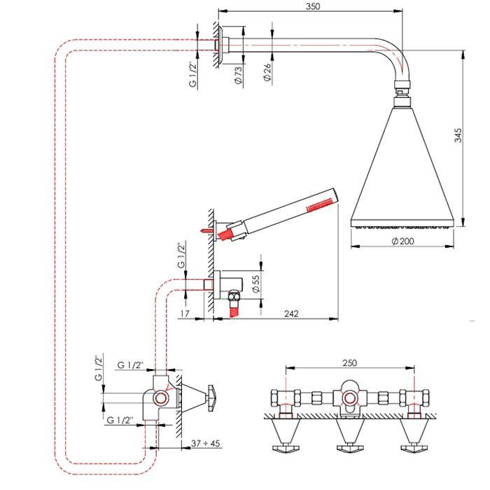 Nicolazzi Star Смеситель для ванны встроенный, с верхним душем и ручной лейкой, цвет хром (без внутр части)