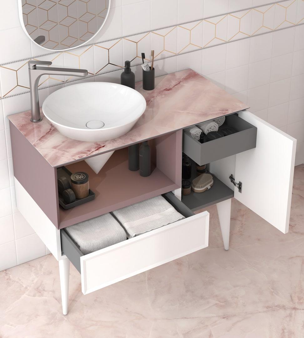 Тумба CONO подвесная с открытой полкой и ящиками 97, белая матовая-мальва