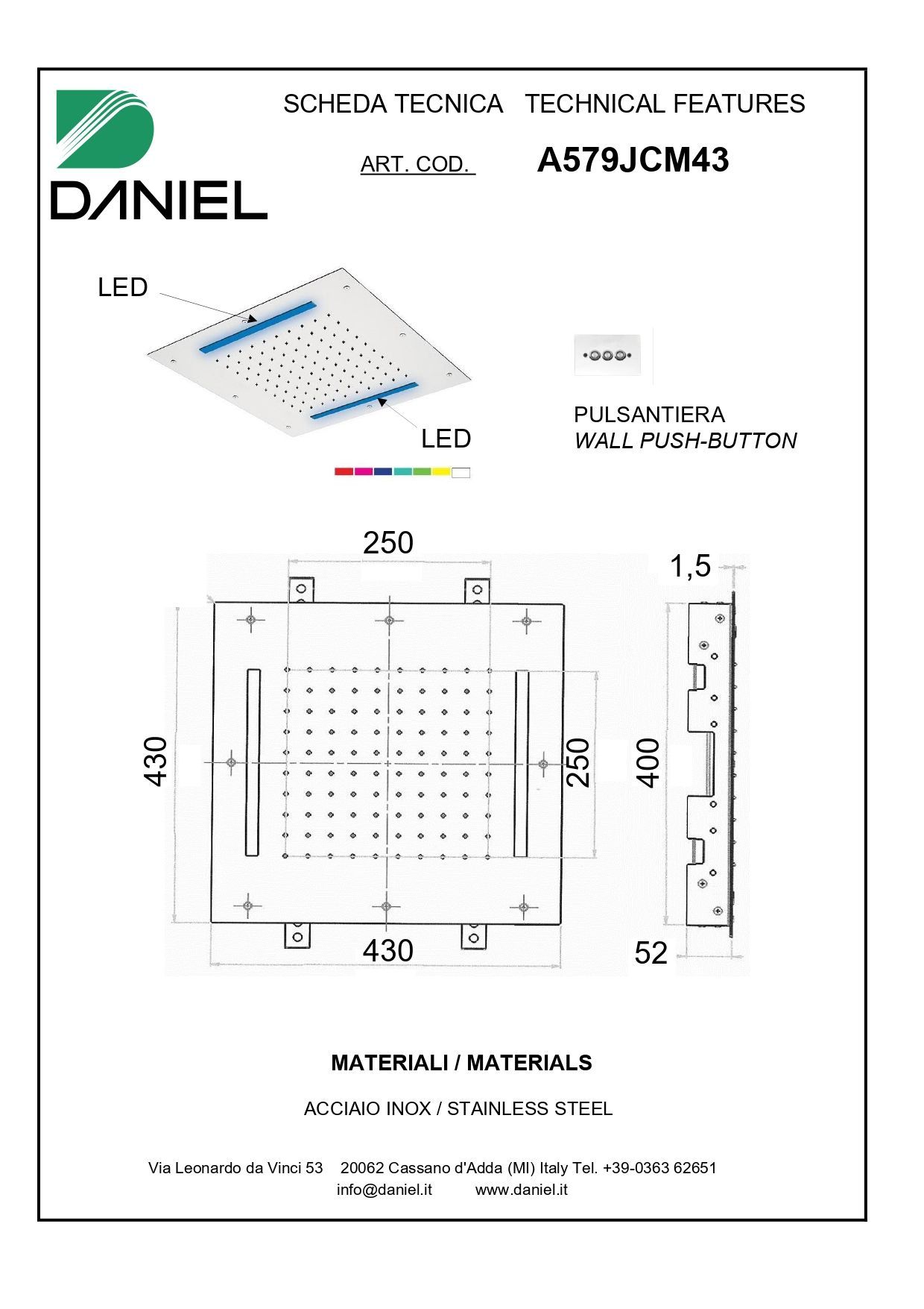 Daniel, потолочная лейка для душа с 7 цветной светодиодной подсветкой, диаметр 430 мм, цвет хром