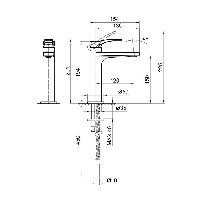 Fantini AL/23 Смеситель для раковины, 1 отв.,без донного клапана, излив 120мм, цвет: хром