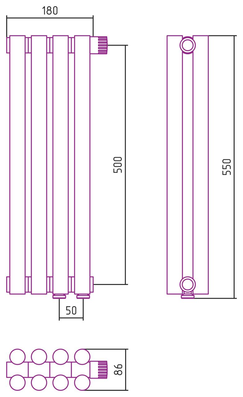 Отопительный радиатор ЭСТЕТ-11 н/ж EU50 500х180 / 4 сек (Матовый БЕЛЫЙ)