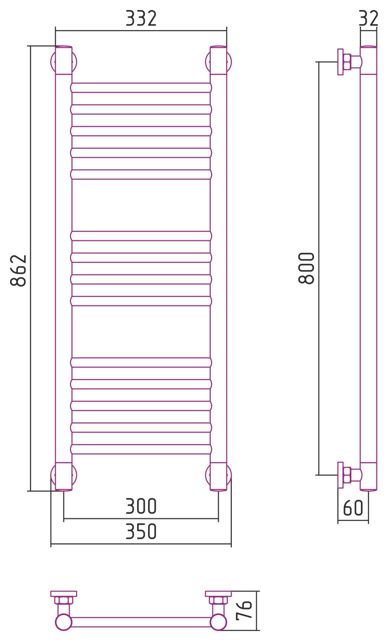 Полотенцесушитель, Сунержа, Богема +, прямая, водяной, ширина, мм-350, глубина, мм-76, высота, мм-862, межосевое расстояние-300, подключение-диагональное/нижнее/вертикальное, температура теплоносителя-до 95°С, мощность-Вт-342, присоединительный размер-НР 