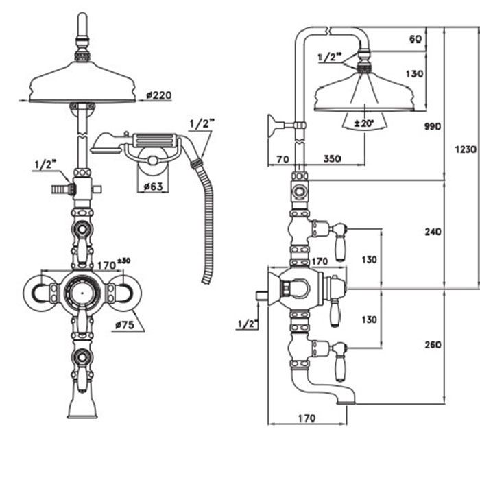 Stella Italica Leve Душевой комплект IS3274/33-220: термостатический смеситель с изливом для ванны, штанга+ручной+верхний душ 220мм, цвет: хром