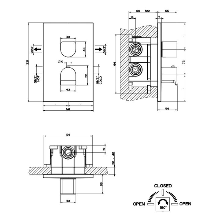 GESSI Rilievo Встраиваемый смеситель для душа, термостатический, на 2 источника (внешние части), цвет: хром