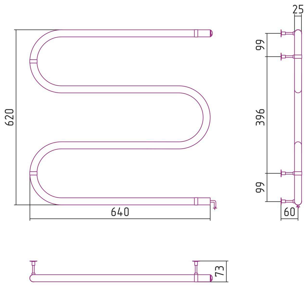 Электрический полотенцесушитель СТИЛЬЕ №03 М-образный 600х600 (64 Вт) (Без покрытия)