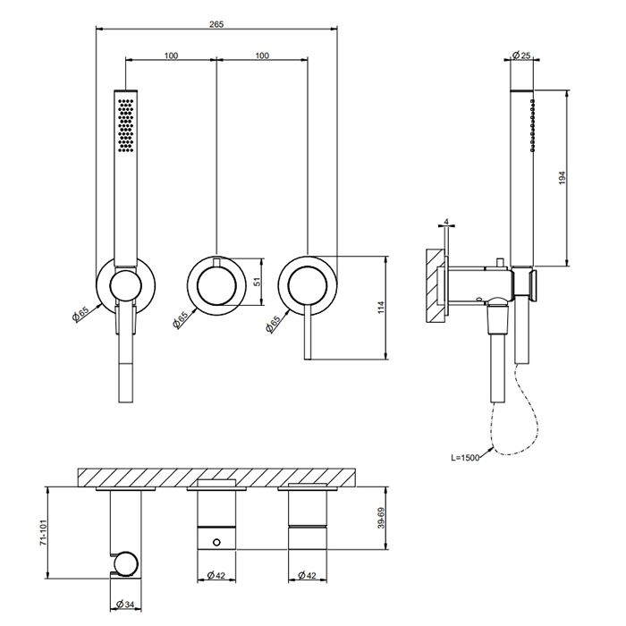 GESSI 316 Смеситель встраиваемый на 2 источника. с подводом воды, ручной лейкой, цвет Black XL