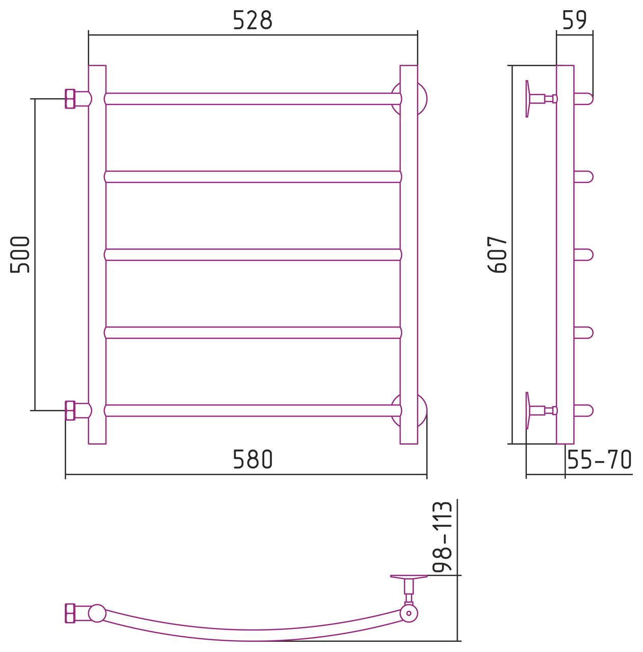 Полотенцесушитель водяной СТИЛЬЕ "Версия-Б2" 500х500 (5) Г 18 (Чёрный)