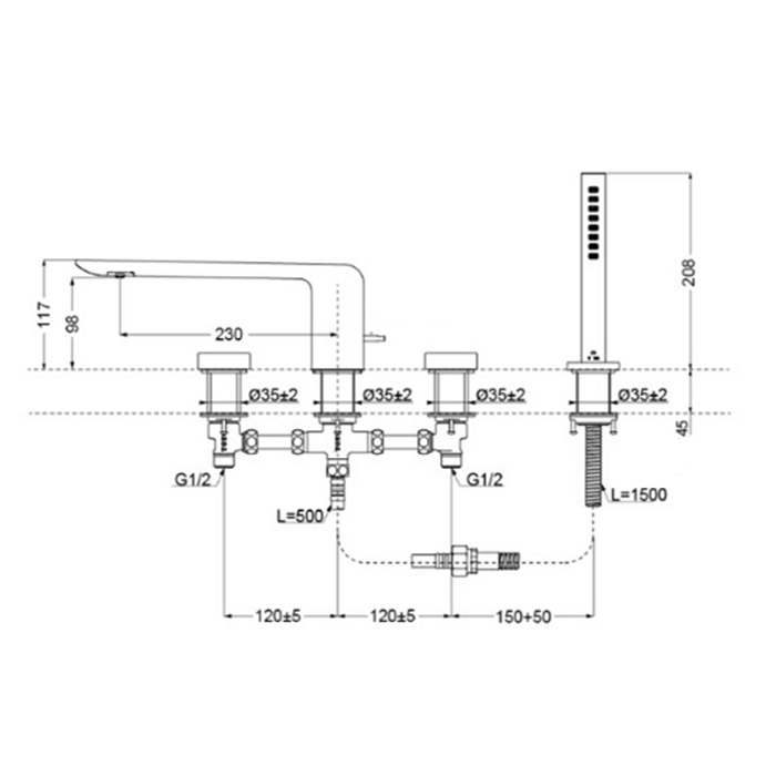 TOTO NEOREST Смеситель на борт ванны на 4отв, с ручным душем, цвет хром