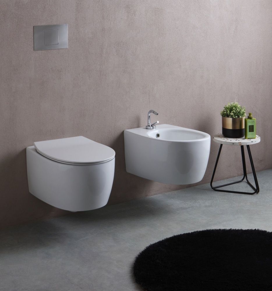 White Ceramic Basic, комплект подвесного безободкового унитаза с быстросъемным ультратонким сиденьем микролифт, цвет белый матовый, артикул W0203SET04/Basic