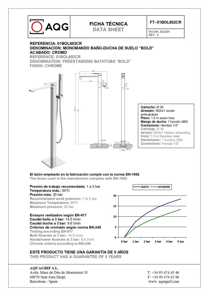 AQG Bold, однорычажный напольный смеситель для ванны (излив 24 см), с дивертером, цвет хром, артикул 01BOL602CR