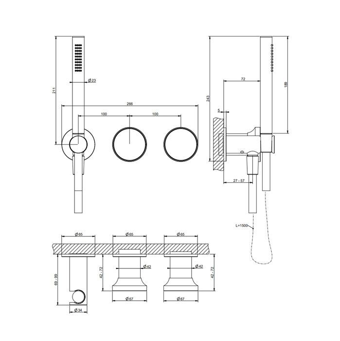 GESSI Origini Смеситель для ванны встраиваемый на 2 выхода, с ручной лейкой, в компл с отд вставкой, цвет 'Finox Brushed Nickel (внешняя часть)