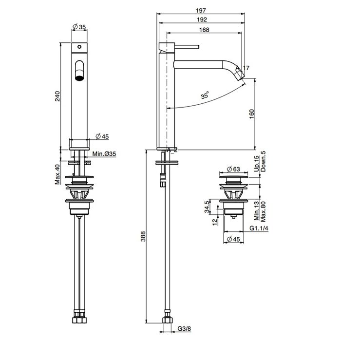 Смеситель для раковины, Fima Carlo Frattini, Spillo Up, тип открывания воды-однорычажный, монтаж-на раковину/столешницу, отверстия для монтажа-1, высота, мм-240, вынос излива, мм-168, донный клапан-есть, тип подводки-гибкий, стандарт подвода воды-3/8", цв