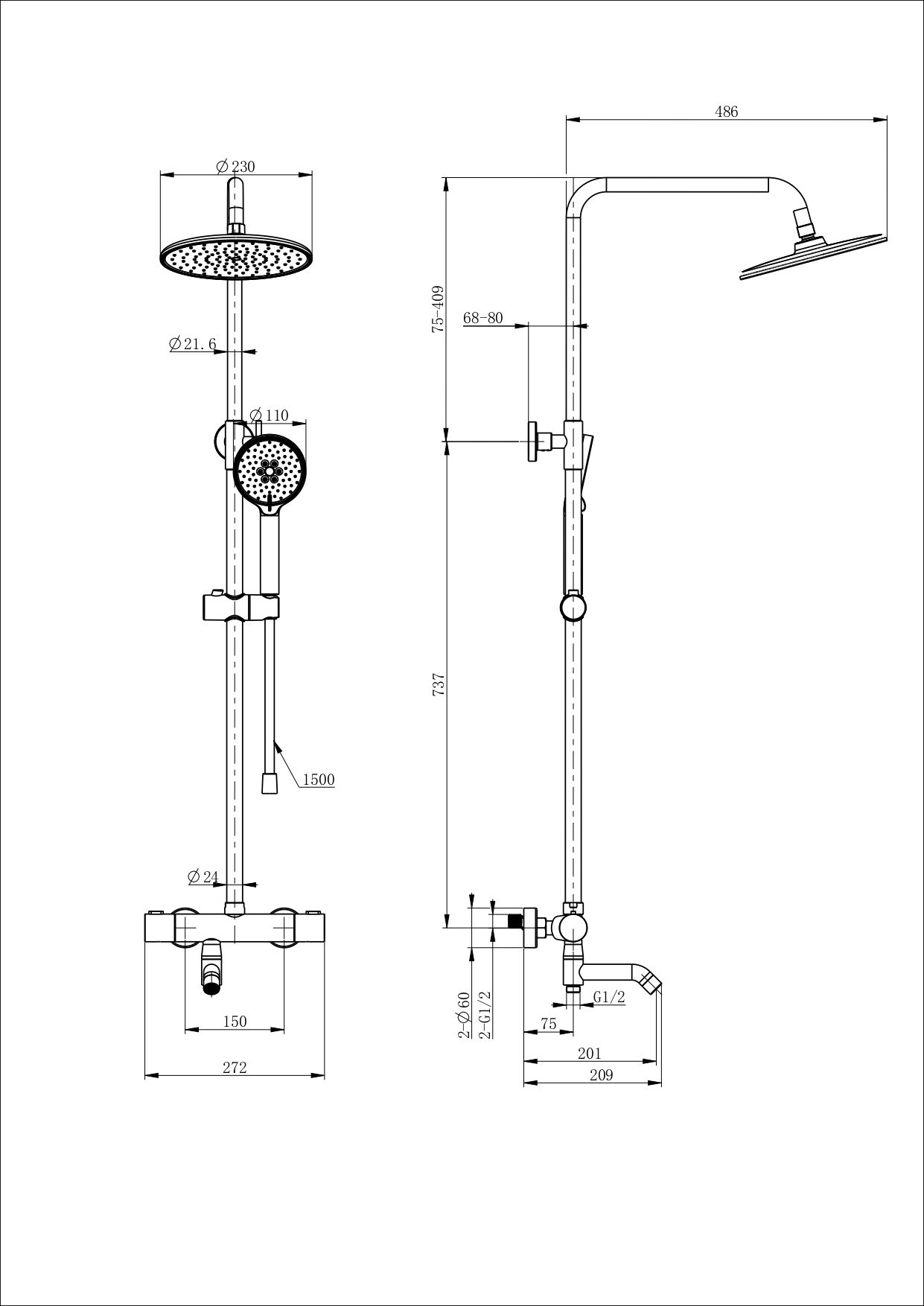 Душевая система с термостатом WONZON & WOGHAND INN 4, Белый матовый (WW-B3047-A1-MW)