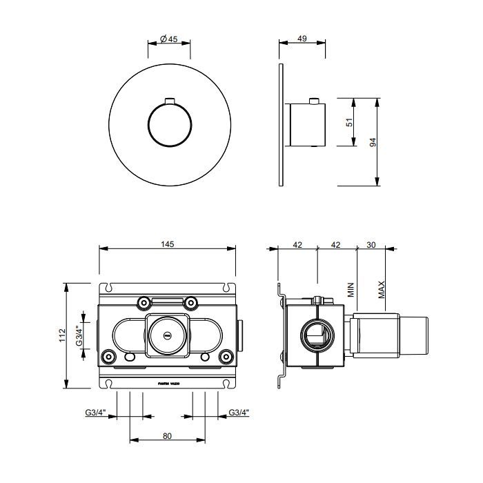 FANTINI SAILING Смеситель настенный встраиваемый, термостатический, без запорного вентиля, внешняя часть, цвет Matt Gun Metal PVD