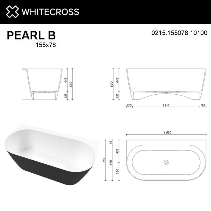 Ванна WHITECROSS Pearl B 155x78 (черный/белый глянец) иск. камень