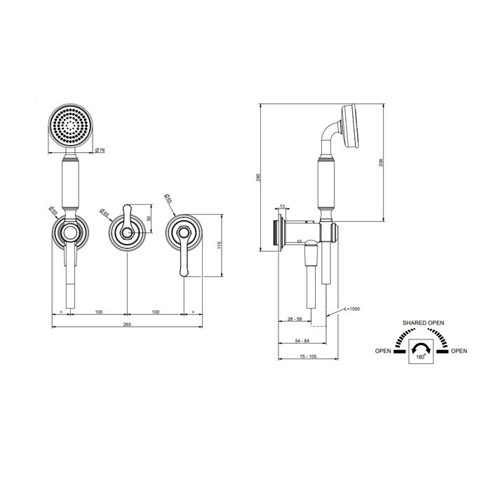 GESSI VENTI20 Смеситель встраиваемый, однорычажный, с переключателем на 2 положения, с ручным душем и шлан 1500 мм., внешн часть, цвет Warm Bronze PVD