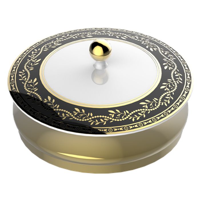 THG MARQUISE NOIR DECOR OR Китайская лакированная коробка с белой керамической крышкой Ø180 мм., big size, декор черный/золото, цвет золото THG MARQUISE NOIR DECOR OR Китайская лакированная коробка с белой керамической крышкой Ø180 мм., big size, декор черный/золото, цвет золото