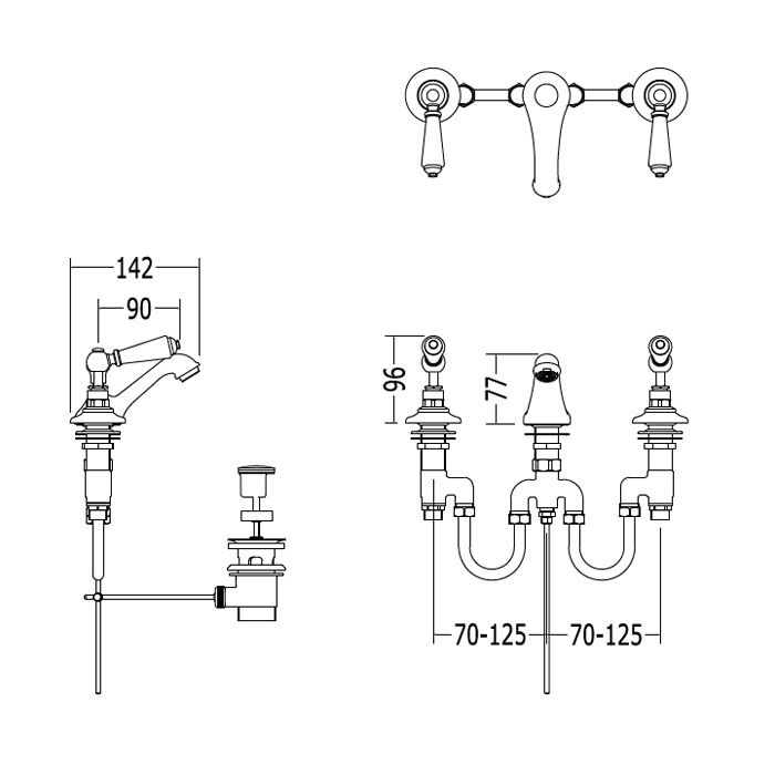 Devon Black Dandy Смеситель для раковины на 3 отв., с донным клапаном, c ручками черными, цвет: никель блестящий, артикул MARF46NKSBD