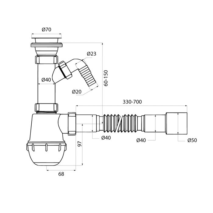 Сифон бутылочный IDDIS Optima Home 1.1/2x40мм, с выпуском, гофротрубой 40/50мм и отводом (900AVG1010VD), артикул 900AVG1010VD