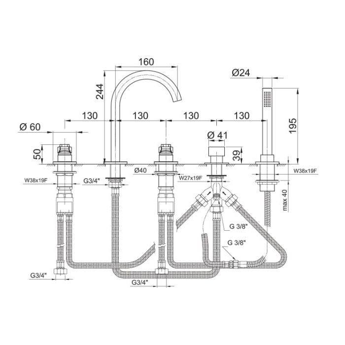 Fantini AL/23 Смеситель на борт ванны, 5 отв., излив 160мм, цвет: хром