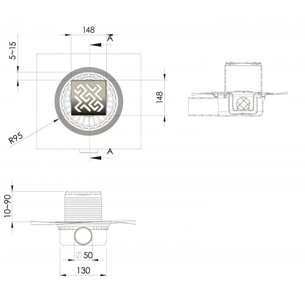 Трап BERGES водосток ZENTRUM Antik 150х150, матовый хром, выпуск D50 H65 боковой