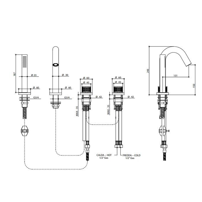 Bongio Time 2020 Смеситель для ванны из нержавеющей стали на 4 отв, с ручной лейкой, цвет черный матовый, артикул 70531NE0D