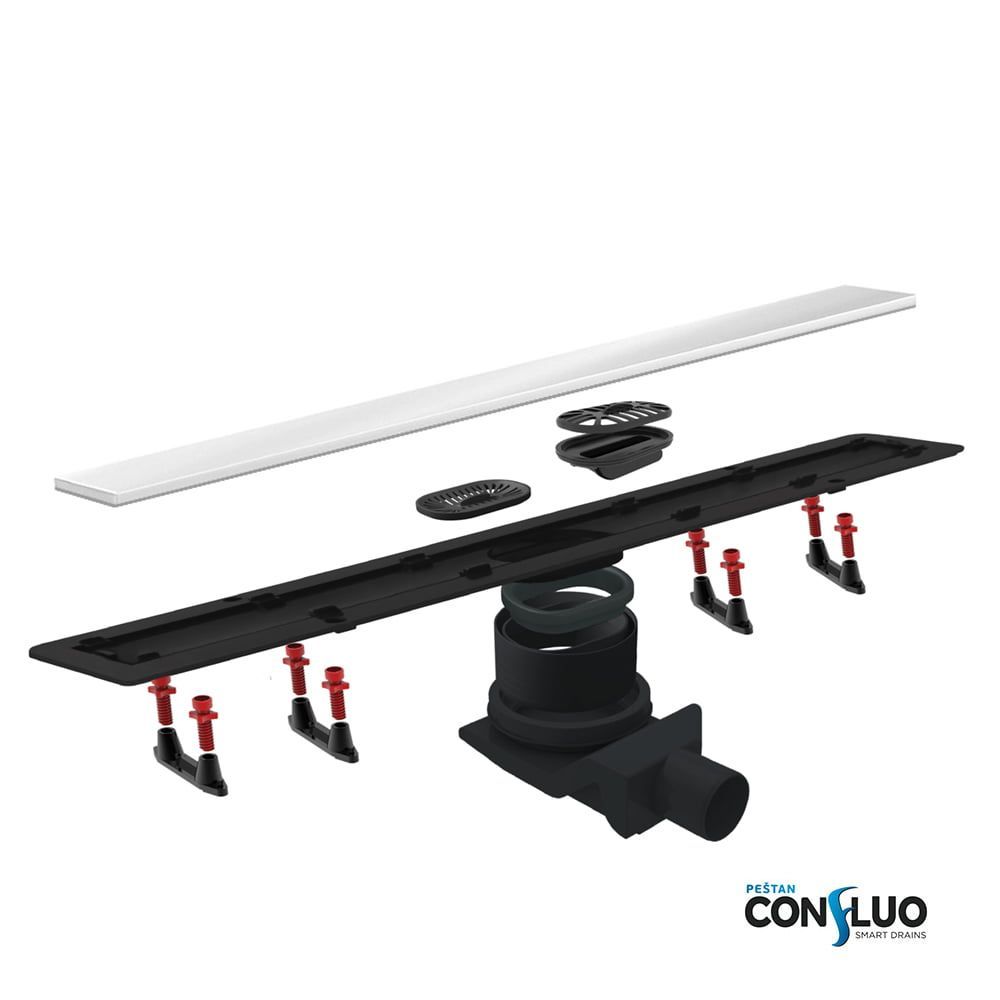 Душевой лоток, Pestan, Confluo Frameless Line White Glass, ширина, мм-120, длина, мм-950, высота, мм-100, монтаж-в пол, пропускная способность, л/сек-0,8, выход Ø50 мм, поворот базы 360°, система отвода вторичного конденсата, сифон-есть, материал сифона-п