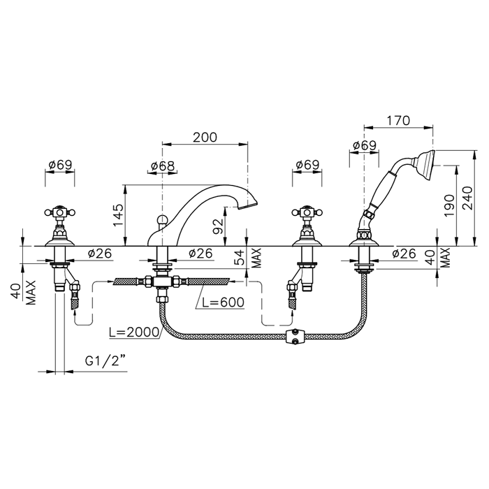 Nicolazzi Half Dome Crystal Смеситель на борт ванны с душем на 4 отверствия, излив: 200 мм, цвет: хром