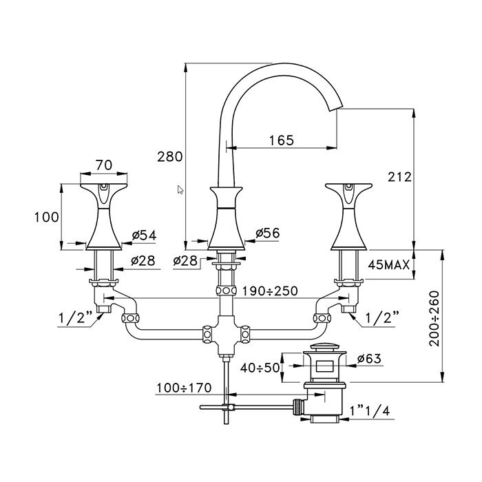 STELLA 130-3225 Смеситель для раковины на 3 отверстия, с донным клапаном, цвет Rose gold