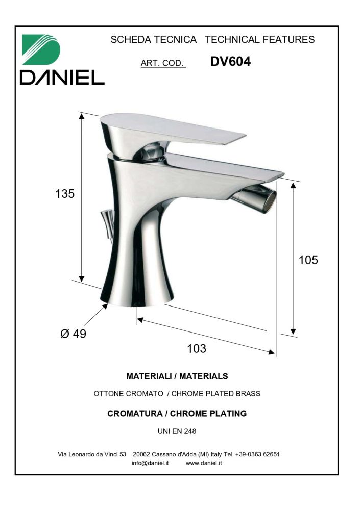 Daniel Diva, однорычажный смеситель для биде с донным клапаном, цвет хром